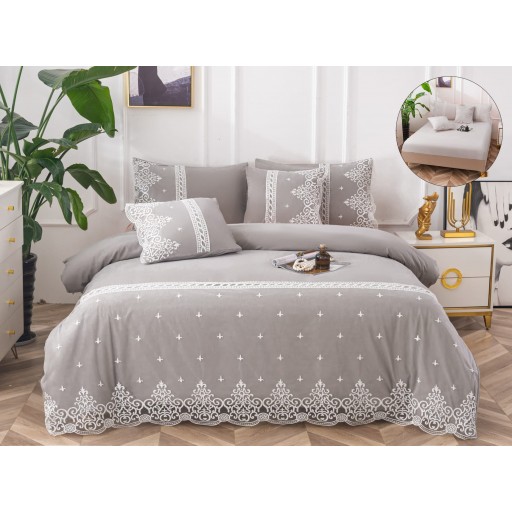 Lenjerie de pat, 2 persoane, bumbac neted, cu dantelă, 6 piese, gri , LBN104