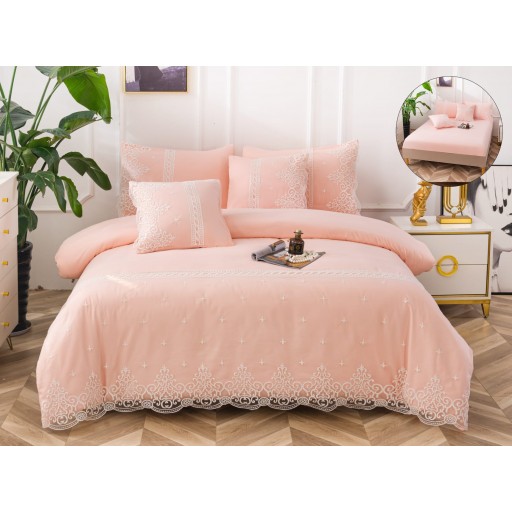 Lenjerie de pat, 2 persoane, bumbac neted, cu dantelă, 6 piese, roz deschis, LBN105