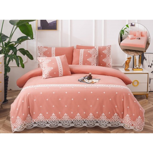 Lenjerie de pat, 2 persoane, bumbac neted, cu dantelă, 6 piese, roz pudrat închis, LBN106