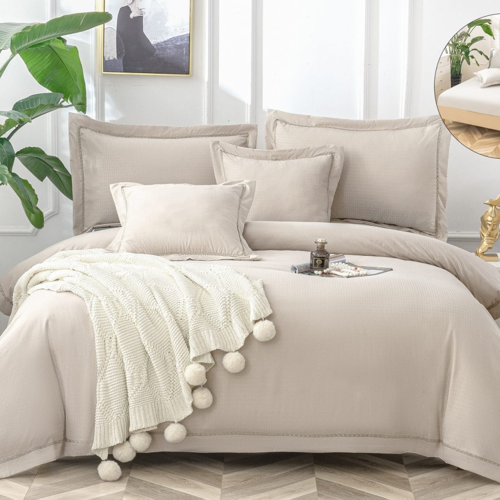 Lenjerie de pat, 2 persoane, bumbac neted, cu broderie, 6 piese, crem , LBN202