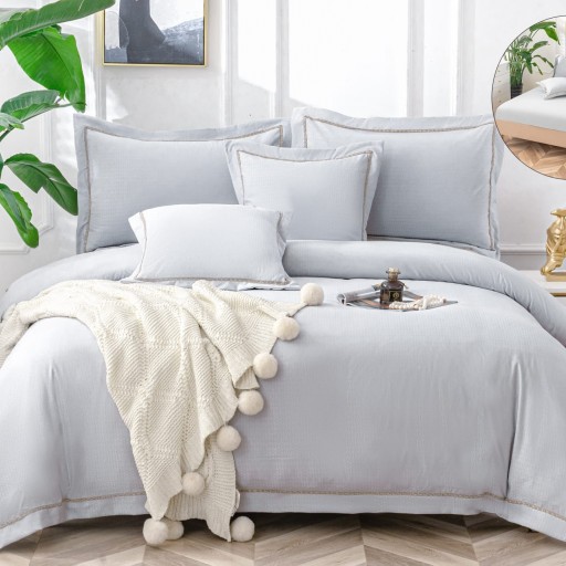 Lenjerie de pat, 2 persoane, bumbac neted, cu broderie, 6 piese, gri deschis, LBN203