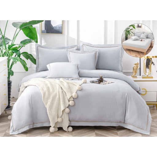 Lenjerie de pat, 2 persoane, bumbac neted, cu broderie, 6 piese, gri deschis, LBN203