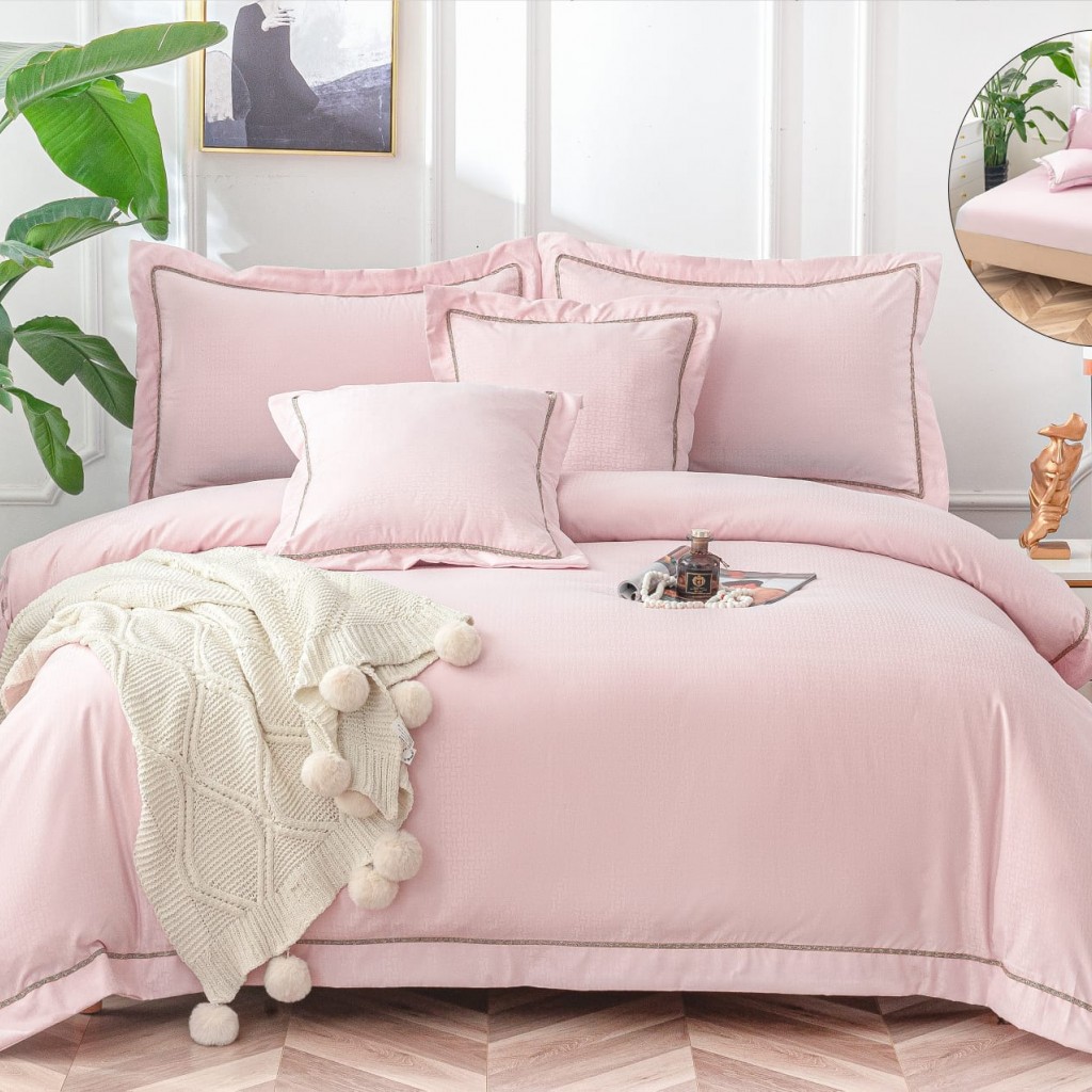 Lenjerie de pat, 2 persoane, bumbac neted, cu broderie, 6 piese, roz deschis, LBN204