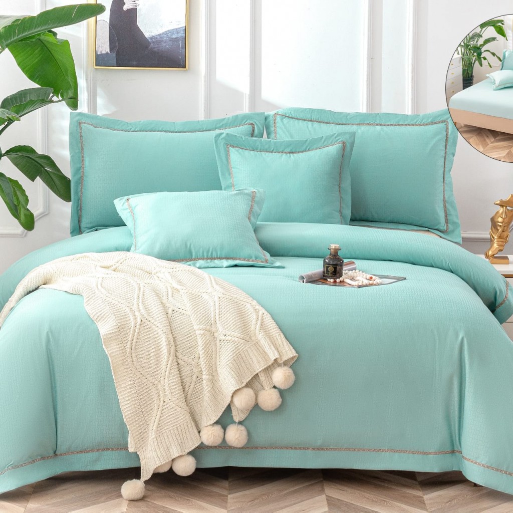 Lenjerie de pat, 2 persoane, bumbac neted, cu broderie, 6 piese, verde deschis, LBN205