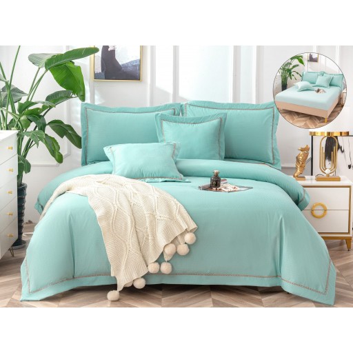 Lenjerie de pat, 2 persoane, bumbac neted, cu broderie, 6 piese, verde deschis, LBN205