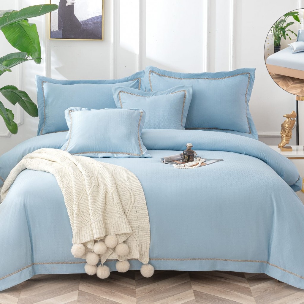 Lenjerie de pat, 2 persoane, bumbac neted, cu broderie, 6 piese, albastru deschis, LBN206