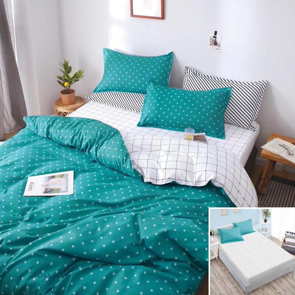 Lenjerie de pat, 2 persoane, bumbac satinat, 4 piese, cu elastic, turcoaz și alb, cu steluțe și carouri, LS4002