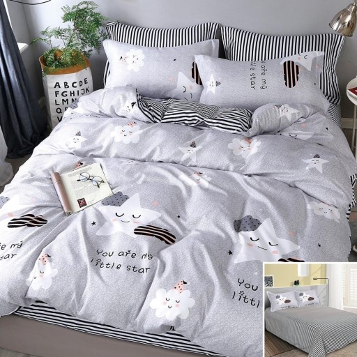 Lenjerie de pat, 2 persoane, bumbac satinat, 4 piese, cu elastic, gri , cu steluțe și norișori albi, LS4004