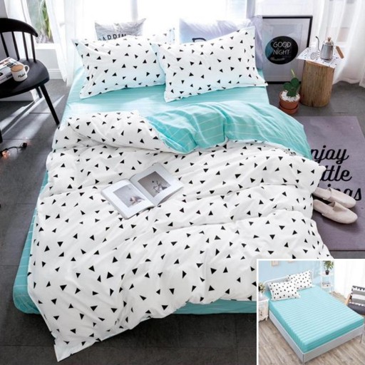 Lenjerie de pat, 2 persoane, bumbac satinat, 4 piese, cu elastic, albastru și alb, cu triunghiuri și linii, LS4008