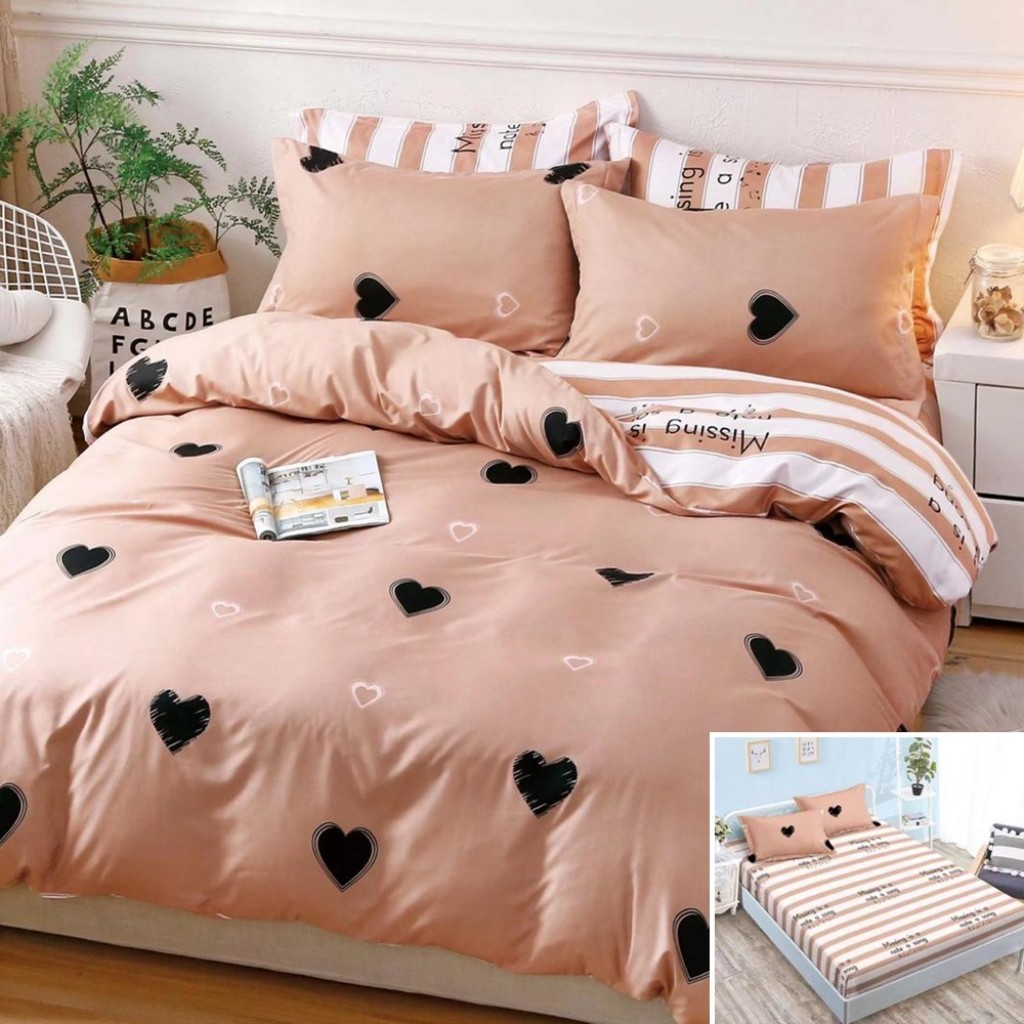 Lenjerie de pat, 2 persoane, bumbac satinat, 4 piese, cu elastic, crem închis, cu inimioare albe și negre, LS4012
