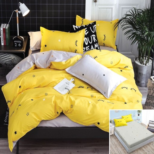Lenjerie de pat, 2 persoane, bumbac satinat, 4 piese, cu elastic, galben și gri, cu ochi și negre, LS4013