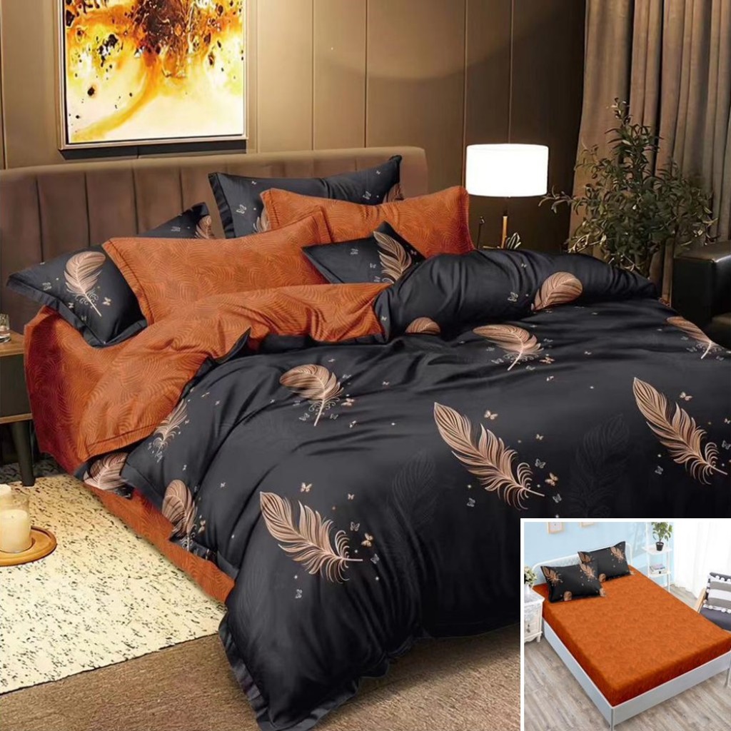 Lenjerie de pat, 2 persoane, bumbac satinat, 4 piese, cu elastic, negru și maro, cu pene, LS4015