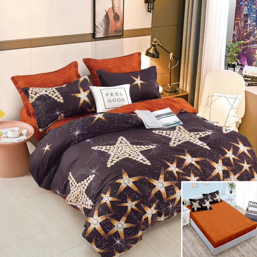 Lenjerie de pat, 2 persoane, bumbac satinat, 4 piese, cu elastic, maro , cu stele, LS4016