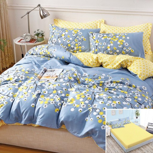 Lenjerie de pat, 2 persoane, bumbac satinat, 4 piese, cu elastic, albastru și galben, cu floricele, LS4026