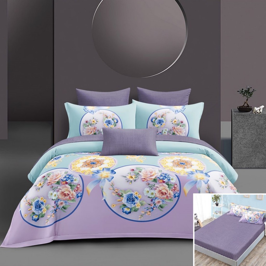 Lenjerie de pat, 2 persoane, bumbac satinat, 4 piese, cu elastic, mov și turcoaz, cu flori, LS4045