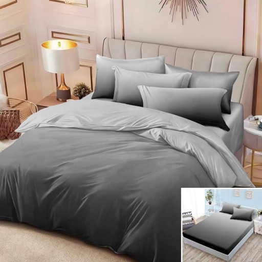 Lenjerie de pat, 2 persoane, bumbac satinat, 4 piese, cu elastic, gri închis, degrade , LS4048