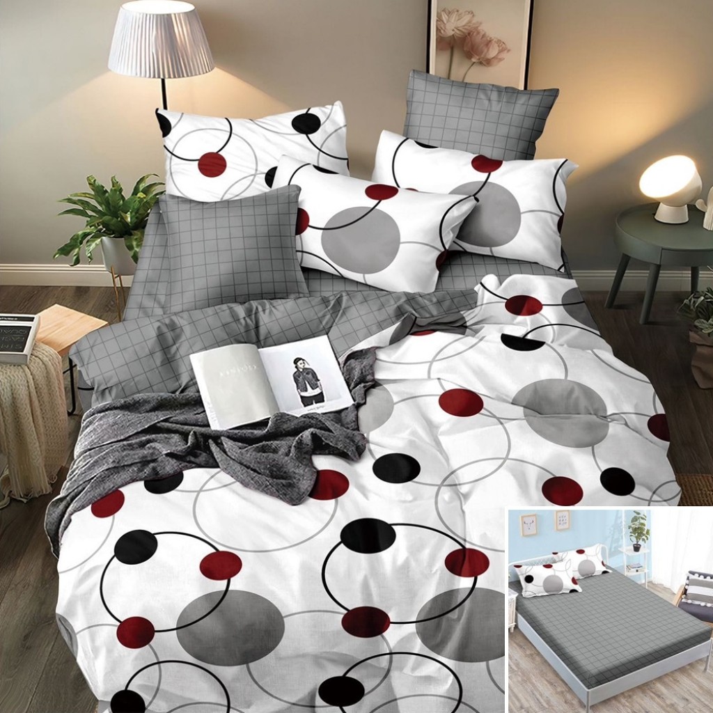 Lenjerie de pat, 2 persoane, bumbac satinat, 4 piese, cu elastic, gri și alb cu cerulețe, LS4049