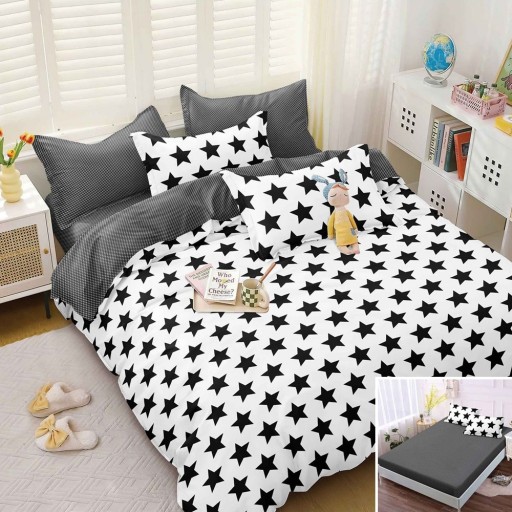 Lenjerie de pat, 2 persoane, bumbac satinat, 4 piese, cu elastic, gri și alb, cu steluțe negre, LS4051