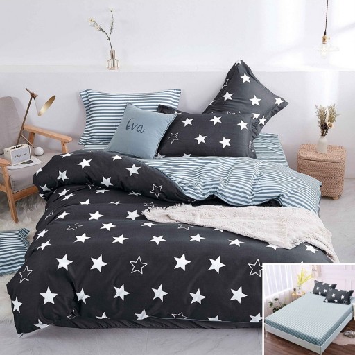 Lenjerie de pat, 2 persoane, bumbac satinat, 4 piese, cu elastic, negru și gri, cu steluțe și dungi, LS4052