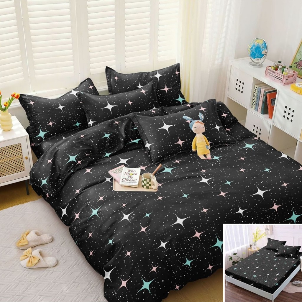 Lenjerie de pat, 2 persoane, bumbac satinat, 4 piese, cu elastic, negru, cu steluțe albe, LS4054