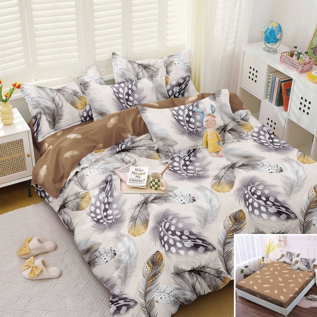 Lenjerie de pat, 2 persoane, bumbac satinat, 4 piese, cu elastic, maro și crem, cu pene, LS4057