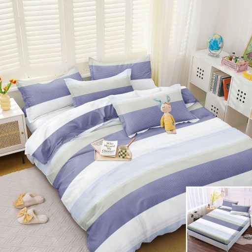 Lenjerie de pat, 2 persoane, bumbac satinat, 4 piese, cu elastic, multicoloră, cu dungi, LS4060