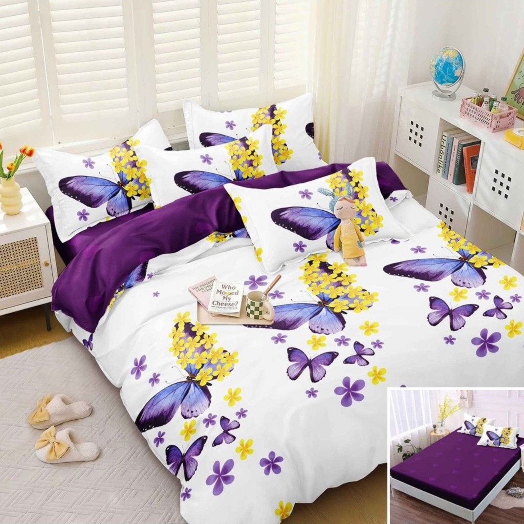 Lenjerie de pat, 2 persoane, bumbac satinat, 4 piese, cu elastic, mov și alb, cu fluturi, LS4061