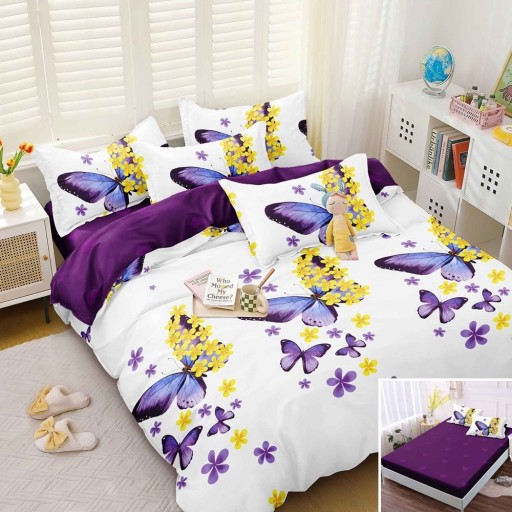 Lenjerie de pat, 2 persoane, bumbac satinat, 4 piese, cu elastic, mov și alb, cu fluturi, LS4061 Lenjerie de pat, 2 persoane, bumbac satinat, 4 piese, cu elastic, mov și alb, cu fluturi, LS4061