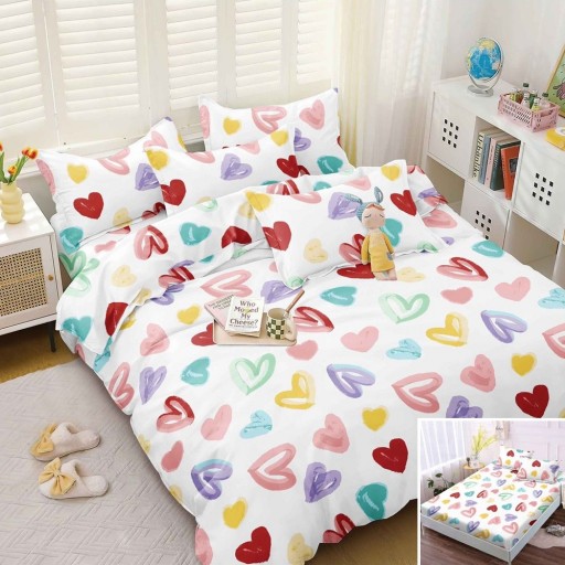 Lenjerie de pat, 2 persoane, bumbac satinat, 4 piese, cu elastic, alb , cu inimi colorate, LS4062