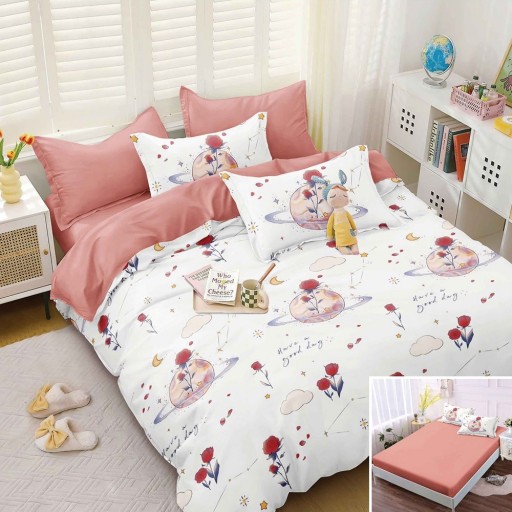 Lenjerie de pat, 2 persoane, bumbac satinat, 4 piese, cu elastic, alb și bej, cu trandafiri și planete, LS4065