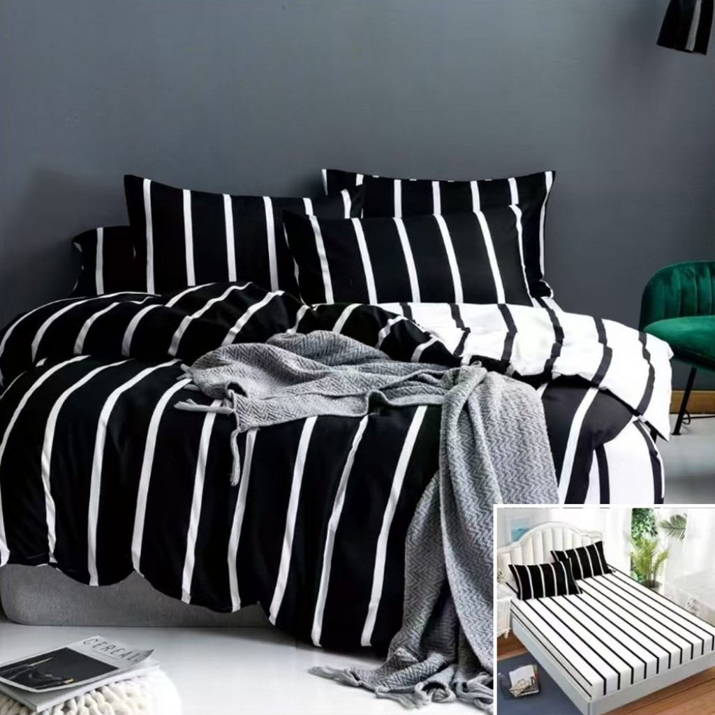 Lenjerie de pat, 2 persoane, bumbac satinat, 4 piese, cu elastic, negru și alb, cu linii, LS4067