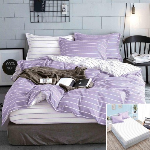 Lenjerie de pat, 2 persoane, bumbac satinat, 4 piese, cu elastic, mov și alb, cu linii, LS4071