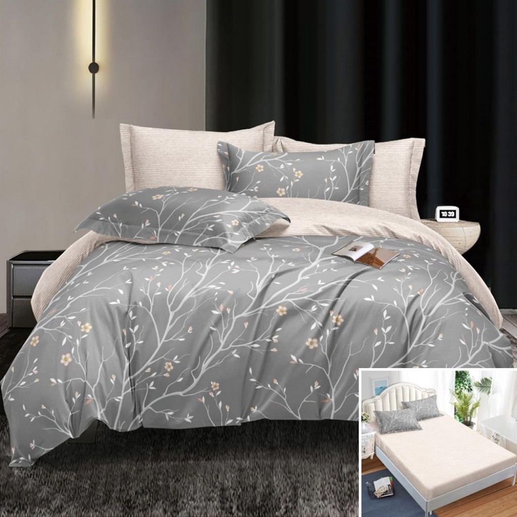 Lenjerie de pat, 2 persoane, bumbac satinat, 4 piese, cu elastic, gri și crem, cu ramurele, LS4072
