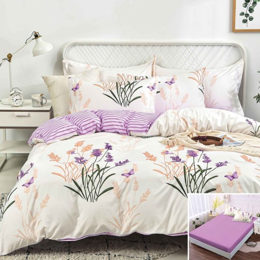 Lenjerie de pat, 2 persoane, bumbac satinat, 4 piese, cu elastic, crem și mov, cu flori, LS4073
