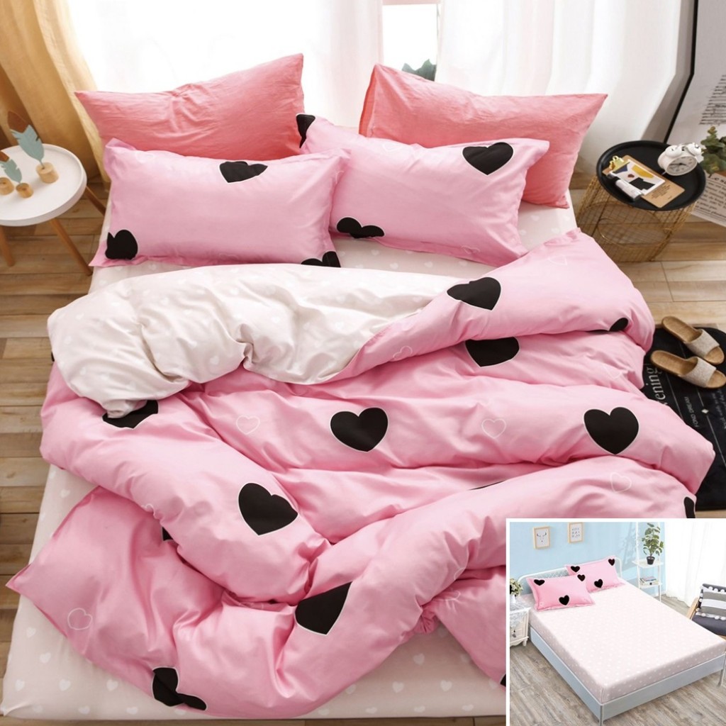 Lenjerie de pat, 2 persoane, bumbac satinat, 4 piese, cu elastic, roz și crem, cu inimioare, LS4074