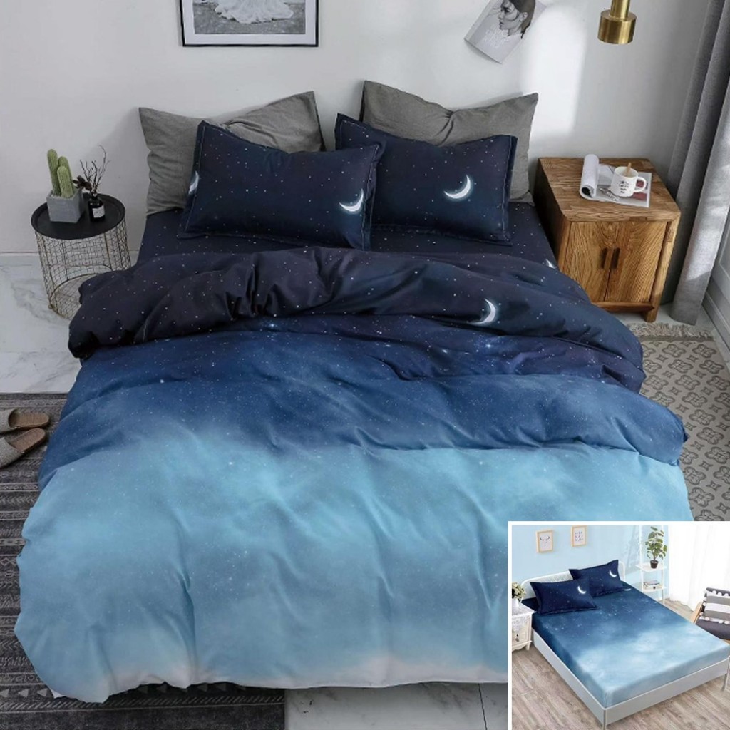 Lenjerie de pat, 2 persoane, bumbac satinat, 4 piese, cu elastic, albastru bleumarin, imprimeu degrade, LS4075