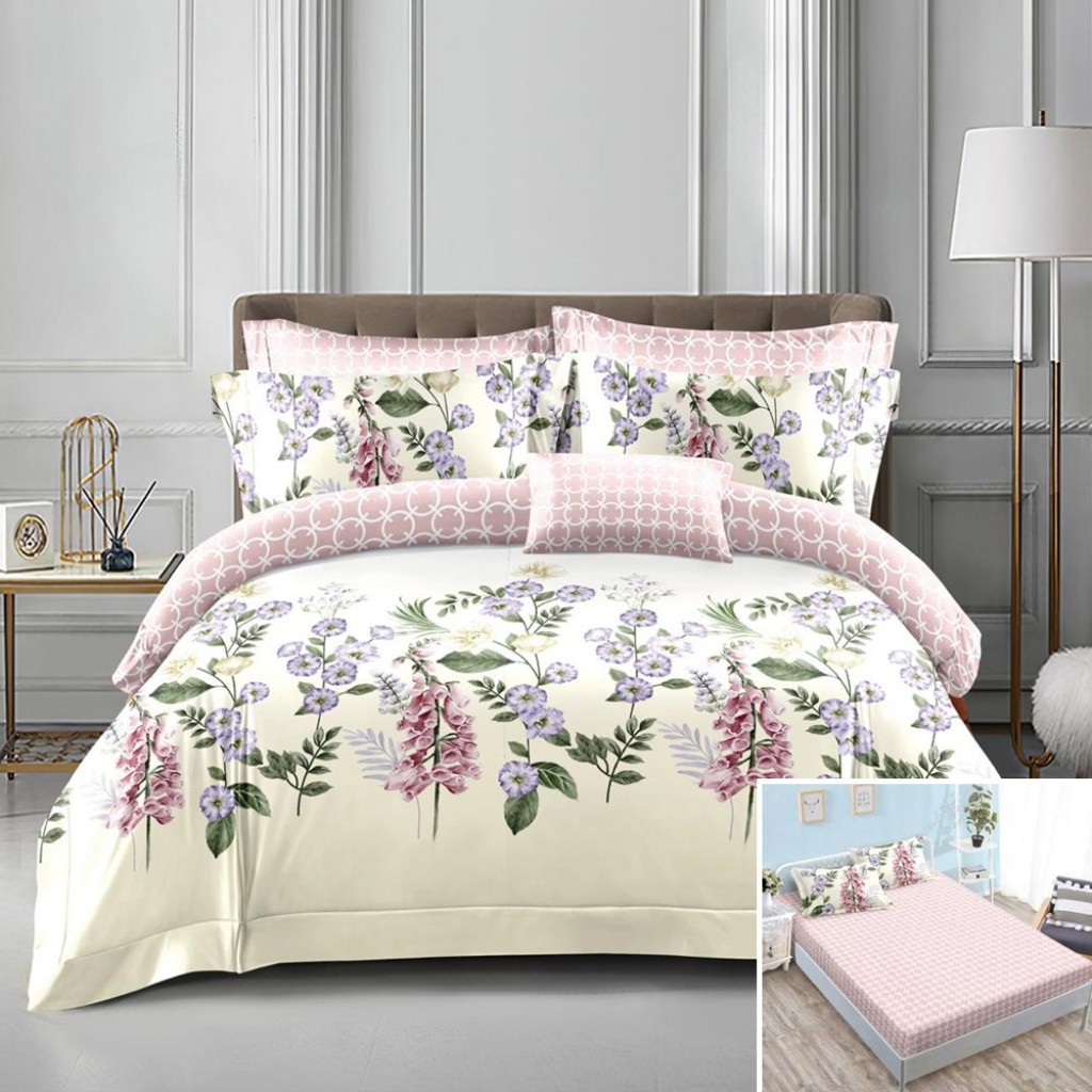 Lenjerie de pat, 2 persoane, bumbac satinat, 4 piese, cu elastic, crem și bej, cu flori, LS4077