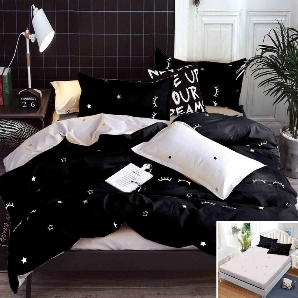 Lenjerie de pat, 2 persoane, bumbac satinat, 4 piese, cu elastic, negru și alb, cu stele și gene, LS4078