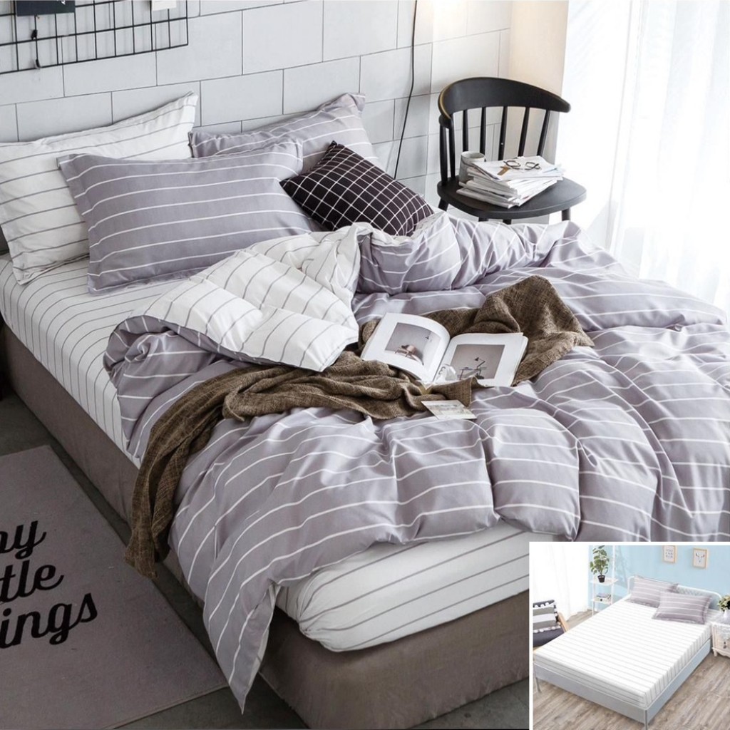 Lenjerie de pat, 2 persoane, bumbac satinat, 4 piese, cu elastic, gri și alb, cu linii, LS4079