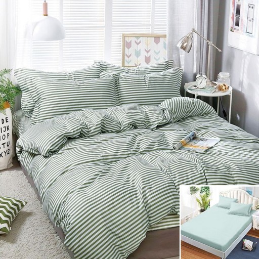 Lenjerie de pat, 2 persoane, bumbac satinat, 4 piese, cu elastic, verde și alb, cu linii, LS4080