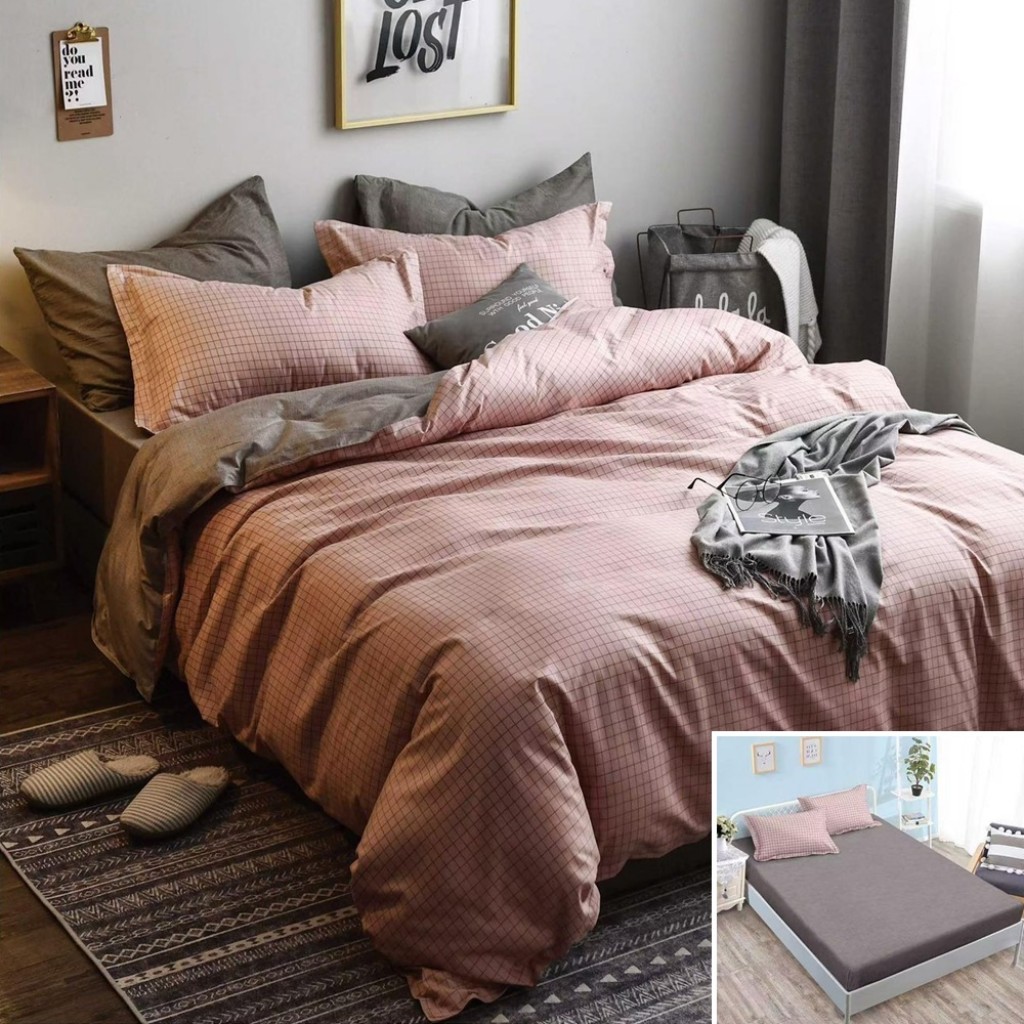 Lenjerie de pat, 2 persoane, bumbac satinat, 4 piese, cu elastic, maro, imprimeu carouri, LS4081