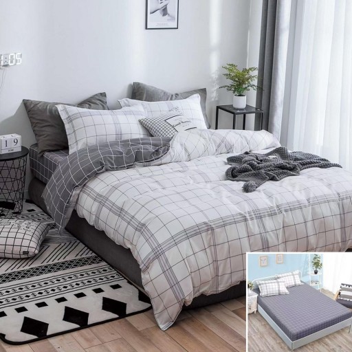 Lenjerie de pat, 2 persoane, bumbac satinat, 4 piese, cu elastic, alb și gri, imprimeu carouri, LS4082