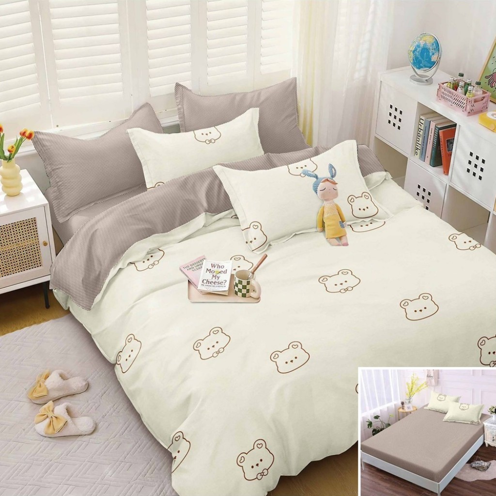 Lenjerie de pat, 2 persoane, bumbac satinat, 4 piese, cu elastic, crem, cu ursuleți, LS4083