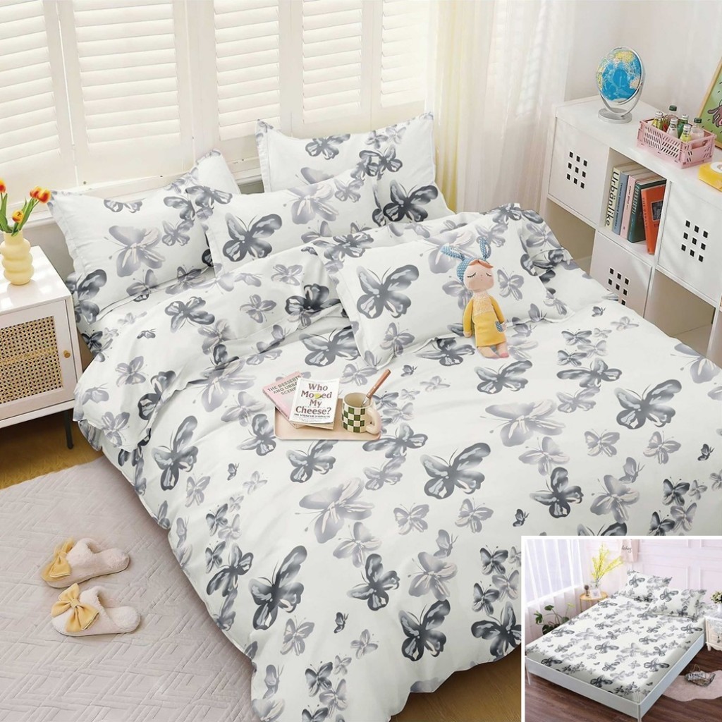 Lenjerie de pat, 2 persoane, bumbac satinat, 4 piese, cu elastic, crem, cu fluturi gri, LS4084