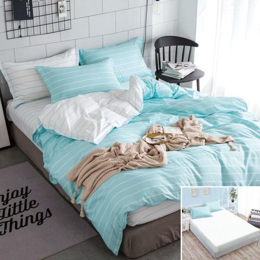 Lenjerie de pat, 2 persoane, bumbac satinat, 4 piese, cu elastic, albastru și alb, cu linii, LS4085