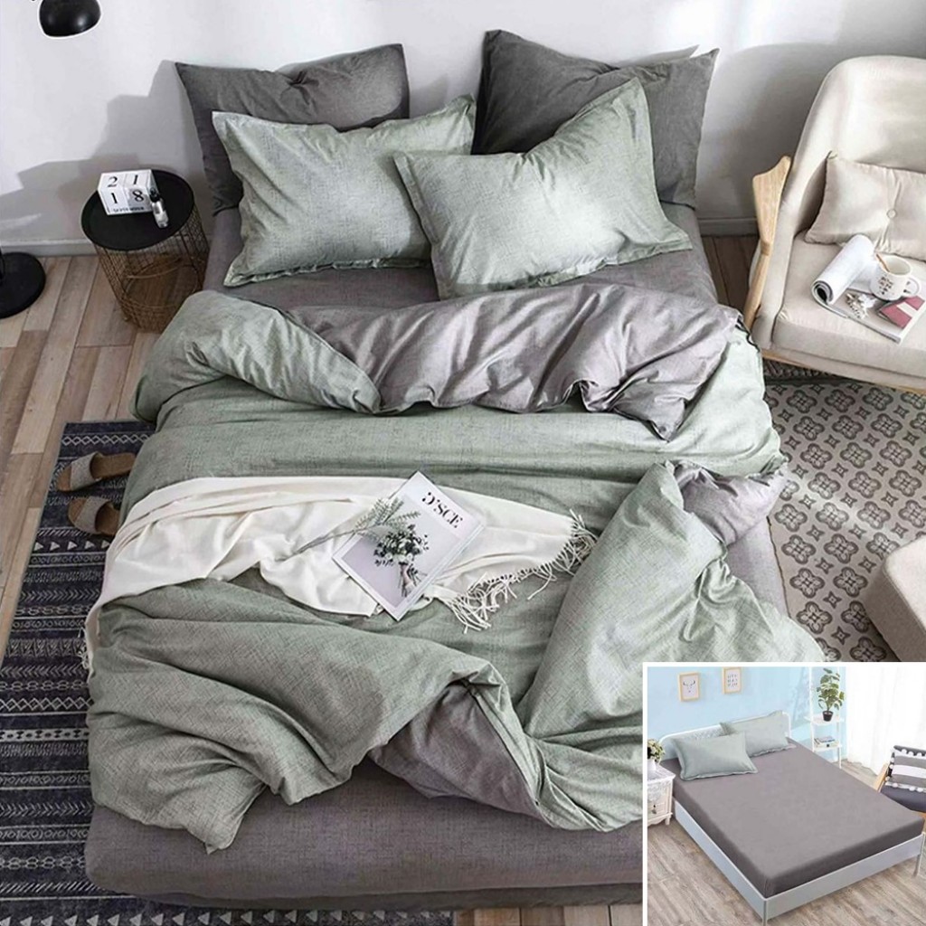 Lenjerie de pat, 2 persoane, bumbac satinat, 4 piese, cu elastic, verde și gri, cu imprimeu, LS4086