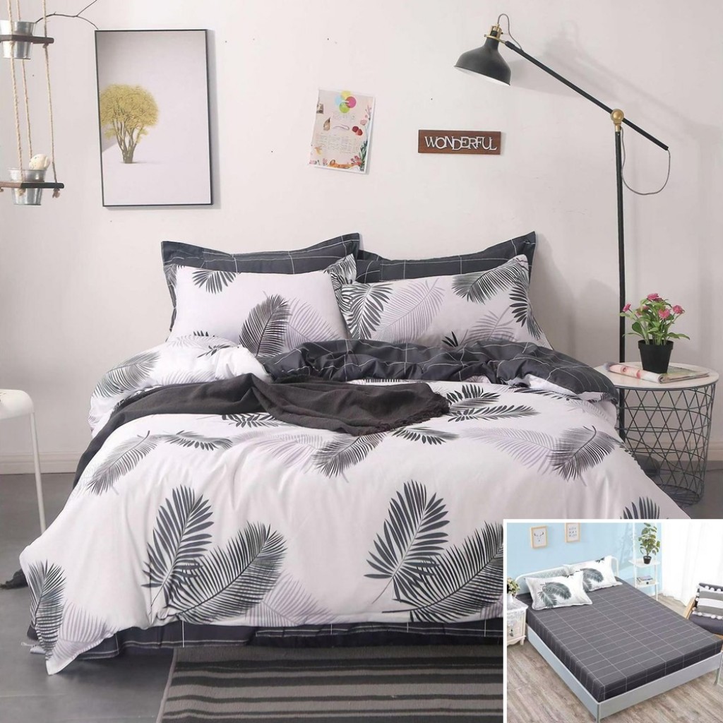 Lenjerie de pat, 2 persoane, bumbac satinat, 4 piese, cu elastic, alb și gri, cu frunze, LS4087