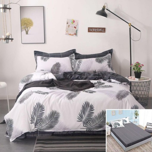 Lenjerie de pat, 2 persoane, bumbac satinat, 4 piese, cu elastic, alb și gri, cu frunze, LS4087