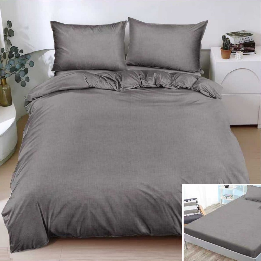 Lenjerie de pat, 2 persoane, bumbac satinat, 4 piese, cu elastic, gri , culoare uni, LS4088