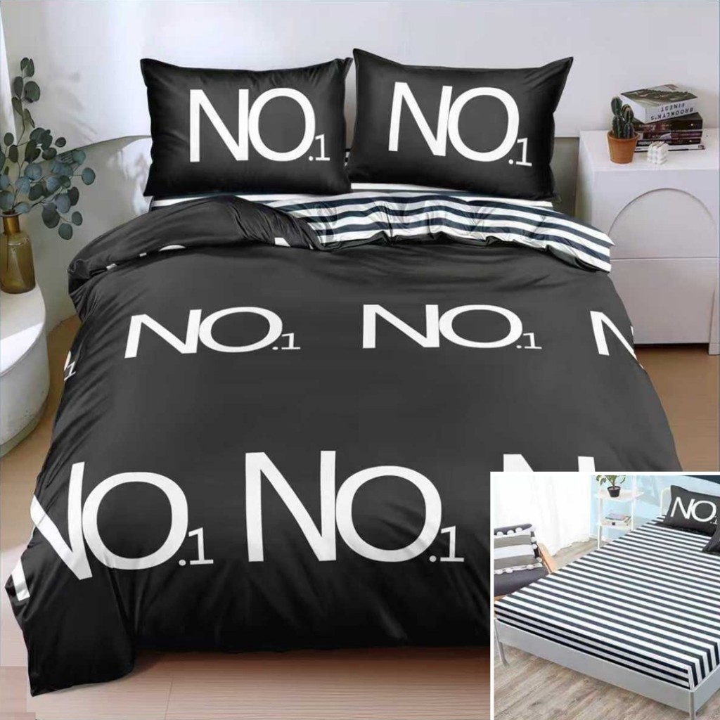 Lenjerie de pat, 2 persoane, bumbac satinat, 4 piese, cu elastic, negru și alb, cu linii, LS4089